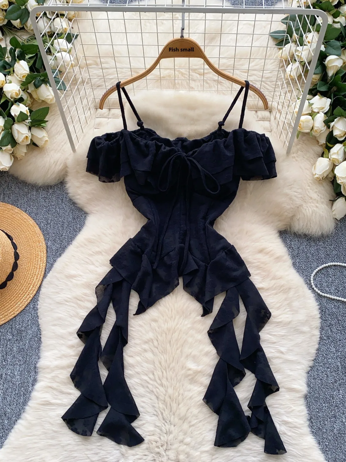 Design Sensation Irregular Hem Blouse Women's Slim Fit oulder Strap irt Spring Summer Pure Desire Sle Korean Version