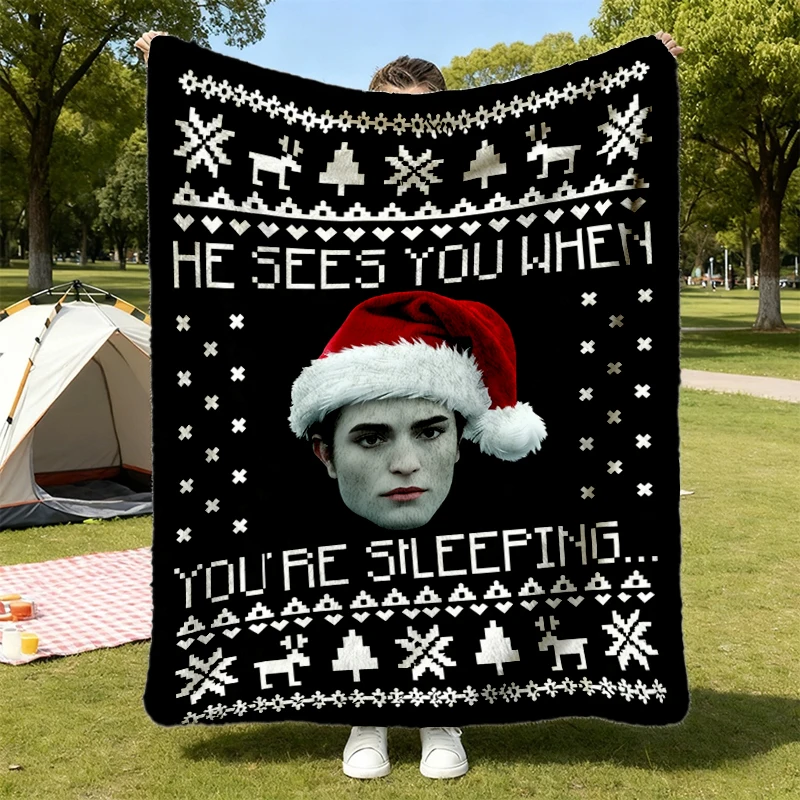 He Sees You When You're Sleeping Christmas Vintage Cozy Blanket, Fans Christmas Warm Blanket, Edward Cullen Soft Blanket