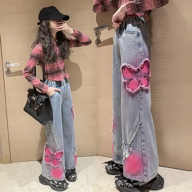 2025 Big Hot Deals Girls Fashion Spray-Painting Butterfly Denim Wide Leg Pants High Waist Korea Style Long Jeans Teens Trousers