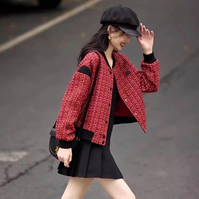 Women Chic Tweed Baseball Bomber Jacket Color Block Contrast Design Rib Trim Loose Fit Preppy Elegant Tweed Outerwear for Fall