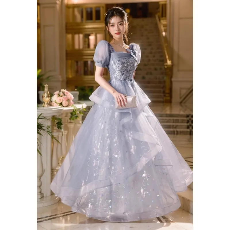 Vestido azul para mujer, modelo de presentador de banquete, vestido de cumpleaños de lujo ligero de alta gama para mujer