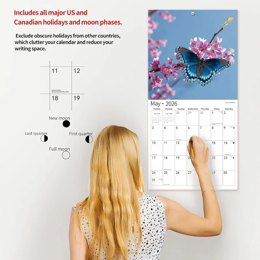 Calendario da parete 2026 Calendario 2026 luglio 2025 dicembre 2026 Calendario da parete Farfalla 12" x 24" Aperto Completo e mesi Spessore e robusto