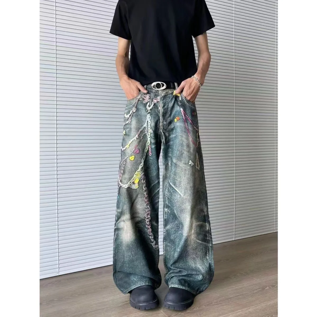 Vintage Y2K Gothic Baggy Jeans Haftowane spodnie dżinsowe z szerokimi nogawkami Streetwear Aesthetic Trousers dla mężczyzn
