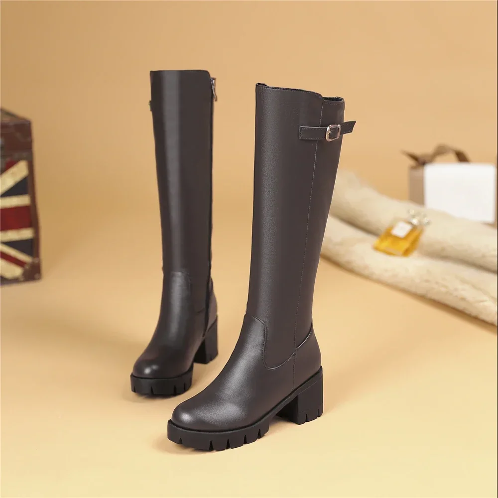 Casual Women Platform Snow Boots Buckle Women Knee High Boots Warm Fur Winter Riding Boot Female Black Brown Shoes Large Size 45