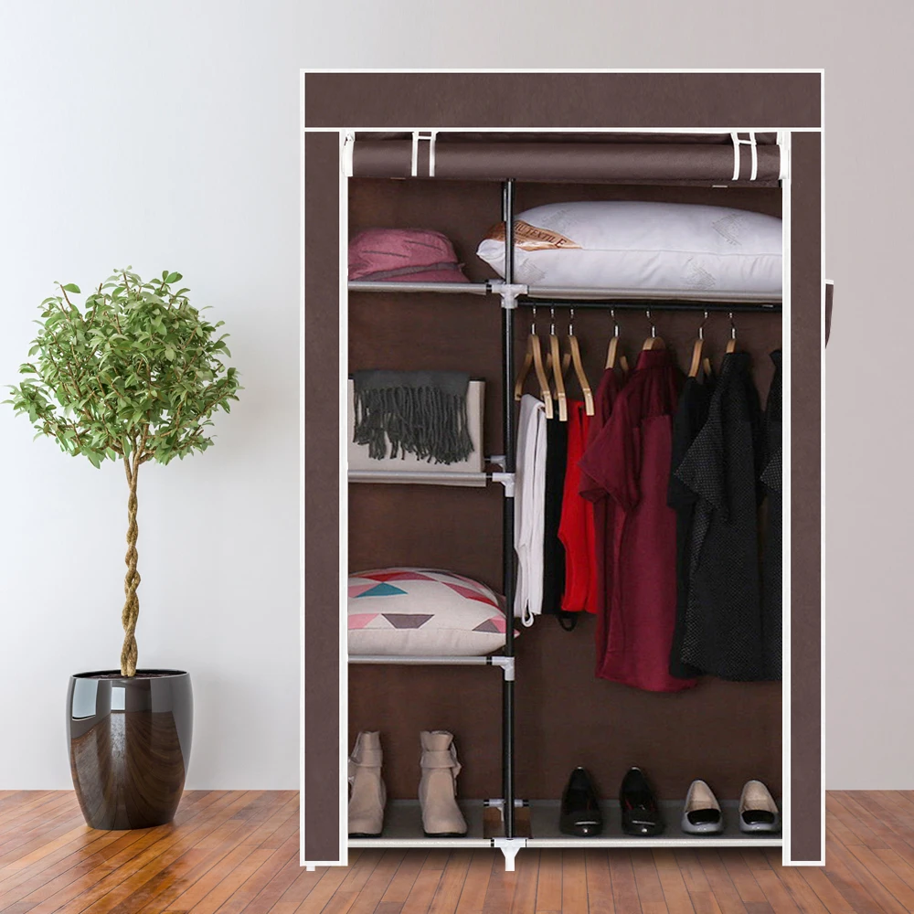 

64" Portable Closet Storage Organizer Wardrobe Clothes Rack With Shelves Dark Brown Bedroom Furniture