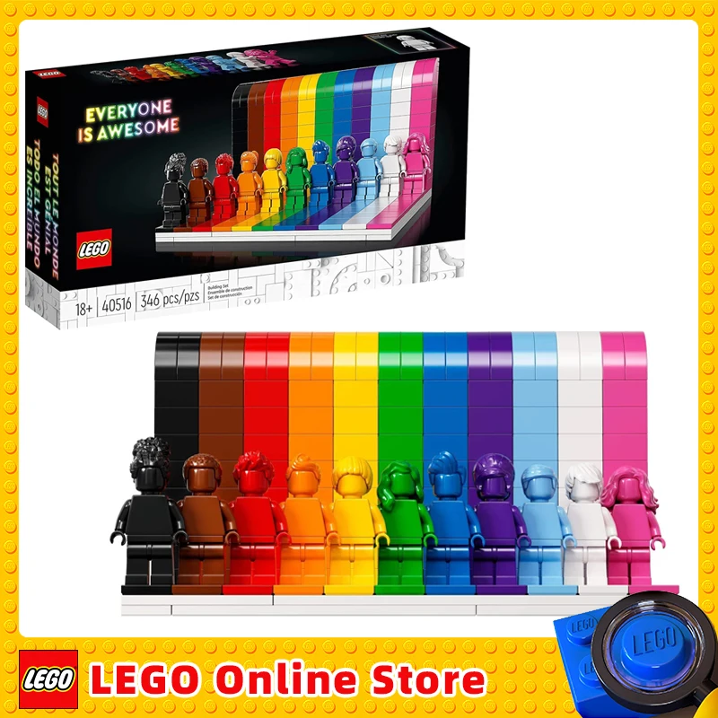 LEGO Everyone Is Awesome 11 Monochrome Minifigures with Color Hairstyle Against A Background of Corresponding Rainbow Stripes