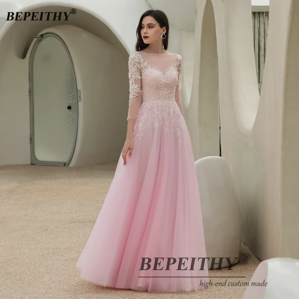 BEPEITHY สีชมพูชุดราตรีผู้หญิงสีขาวลูกไม้ A-Line ชั้นความยาวชุดพรรคสามแขน Dresses 2023ใหม่