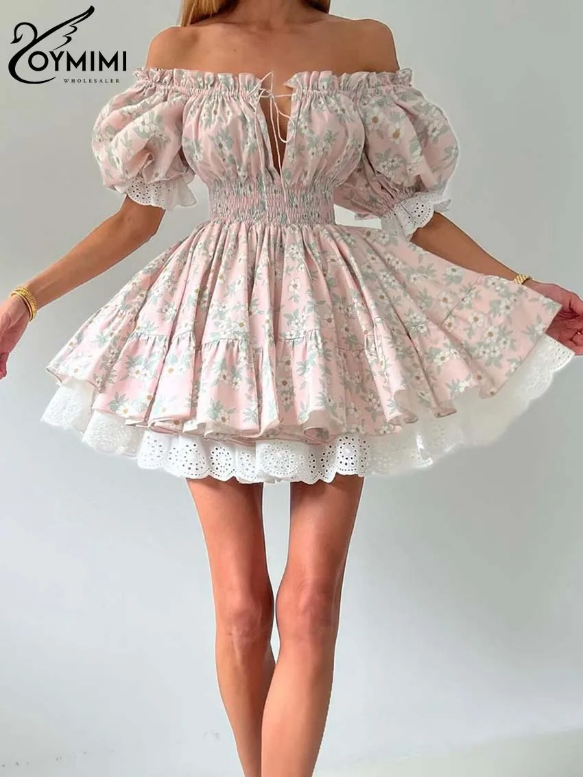 Oymimi eleganckie różowe sukienki z nadrukiem 2024 moda damska bez ramiączek Patchwork sznurowane sukienki Casual wysokiej talii plisowana Mini sukienka