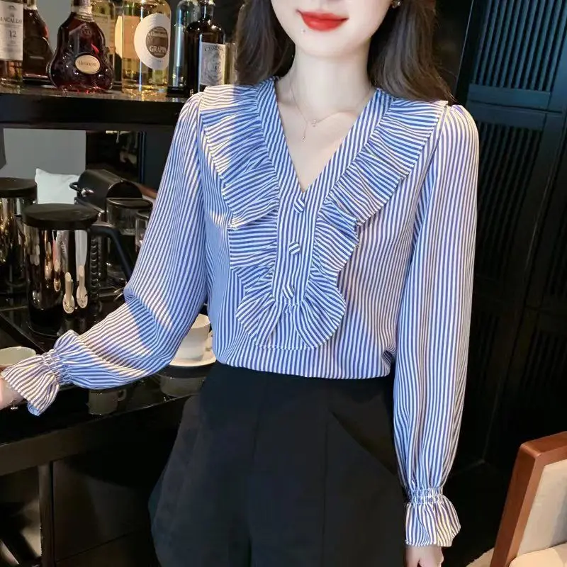 

Fashion Printed Ruffles Striped Flare Sleeve Blouse Women's Clothing 2023 Autumn New Casual Pullovers Sweet Shirt