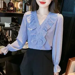 Fashion Printed Ruffles Striped Flare Sleeve Blouse Women's Clothing 2023 Autumn New Casual Pullovers Sweet Shirt