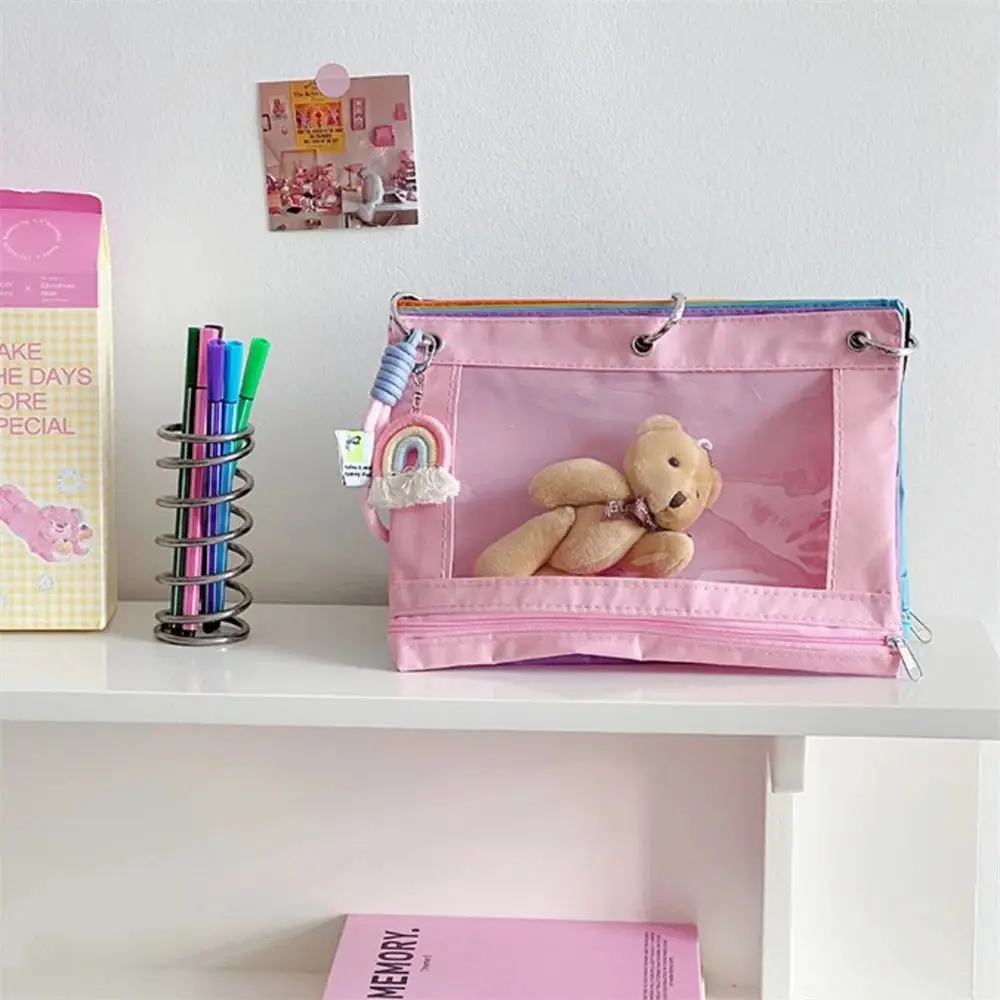 6 Compartment Rainbow Storage Bag with Handle 3 Holes Portable Makeup Handbag Waterproof Loose-Leaf Binder Pencil Sorting Case