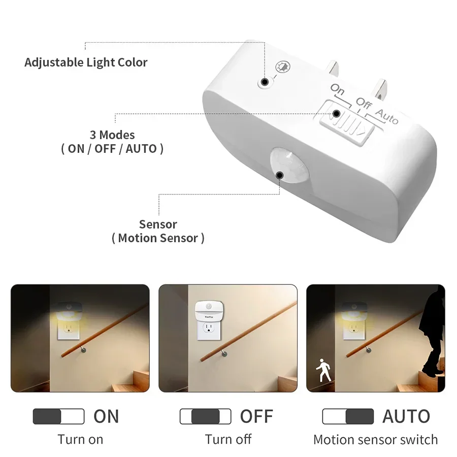 Lampka nocna LED z gniazdem UE i USA z czujnikiem ruchu AC 85-265 V Lampa indukcyjna PIR Ludzka 3-kolorowa wtyczka ścienna do przedpokoju sypialni