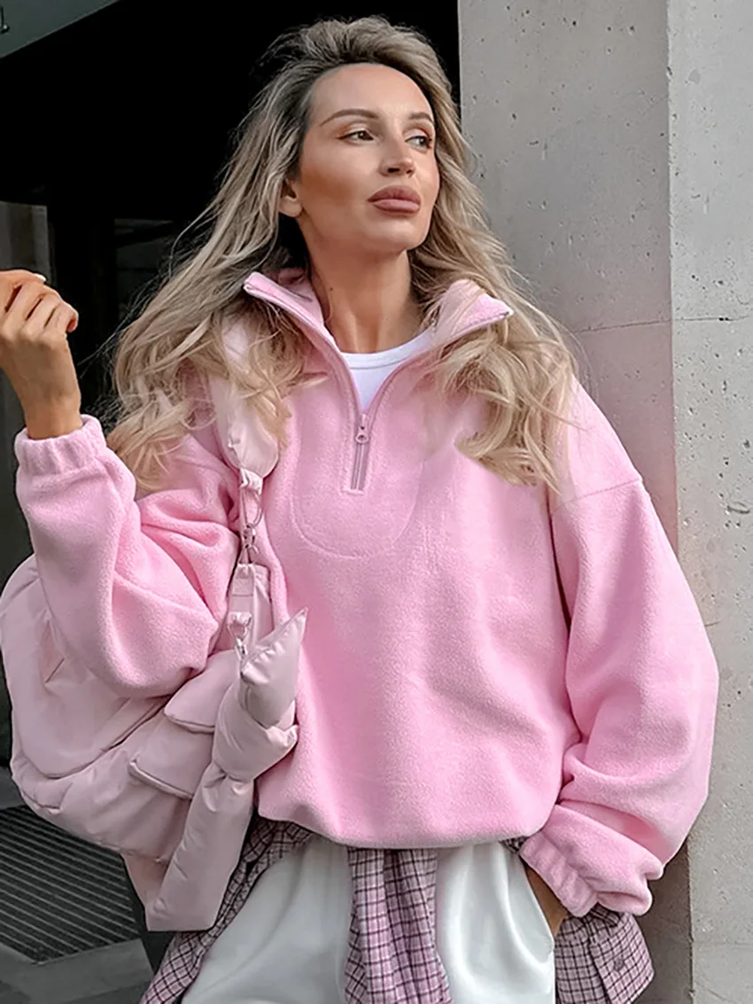 

2024 Autumn/Winter New Arrival - Women's French Chic Lazy Style Pullover Fashionable Lapel Pink Sweatshirt