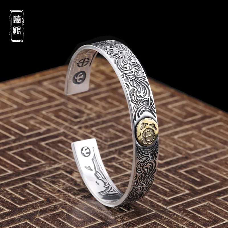 

S925 Silver Vintage Tangcao Flying Eagle Open Bracelet Japanese Personalized Fashion Men's Brass Sterling Silver Bracelet Japane