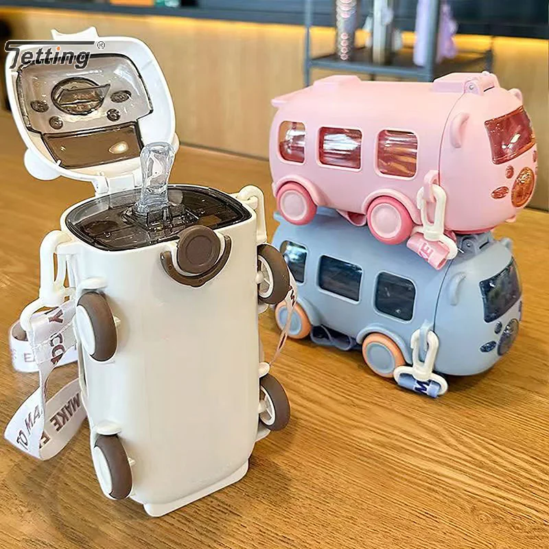 500ml Cute Portable Water Bottle With Shoulder Strap Kids Car Straw Water Cup Bus Shape Children's Water Bottles Drinking Cups