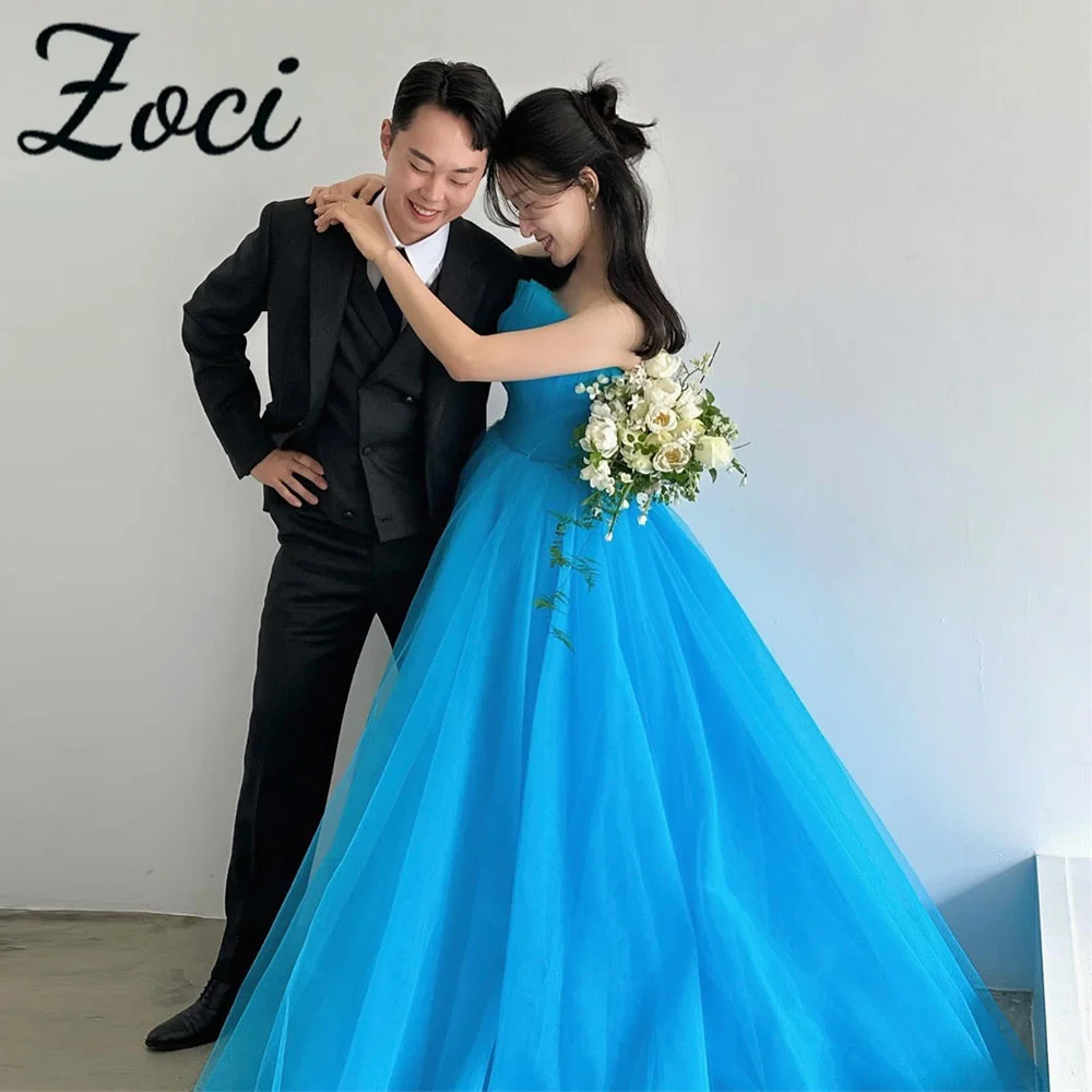 

Zoci Elegant Blue Korea Evening Dress Scalloped Ruffles Wedding Photos Shoot Customized Strapless Corset Long Formal Party Gown