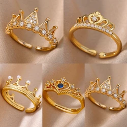 Zircon Crown Rings For Women Vintage Stainless Steel Gold Color Crown Open Ring Wedding Aesthetic Jewelry Gift bijoux femme