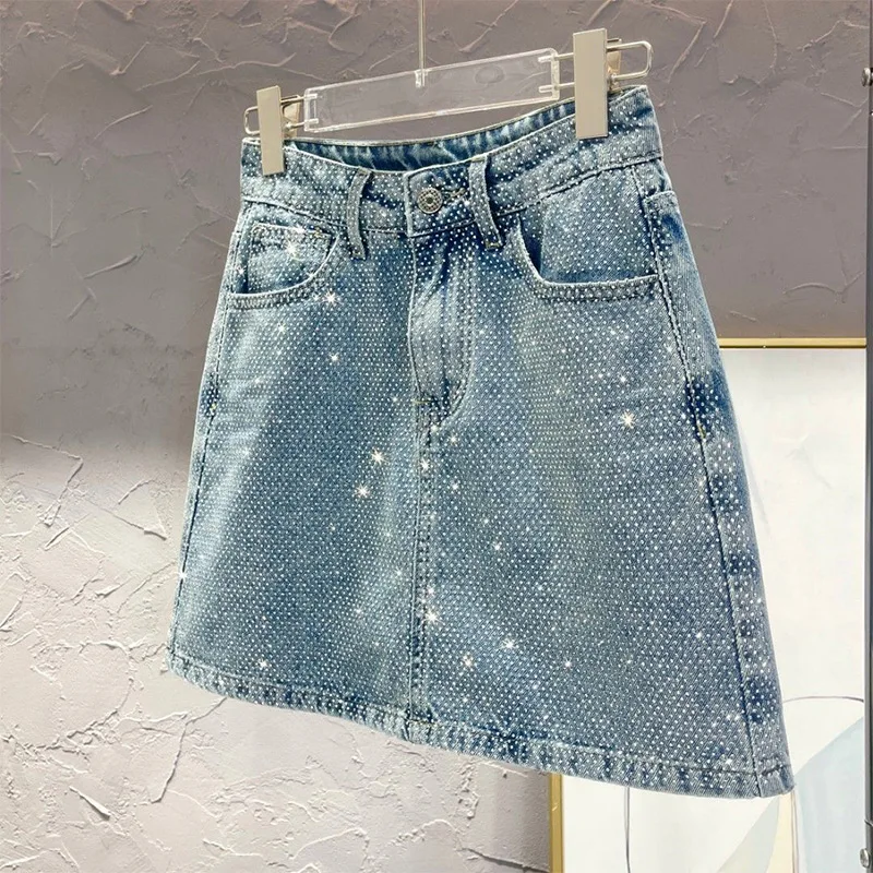 Summer New Fashion High Waist Vintage Diamonds A-line Mini Denim Skirt Female Casual Fashion All-match Skirts Women\'s Clothing