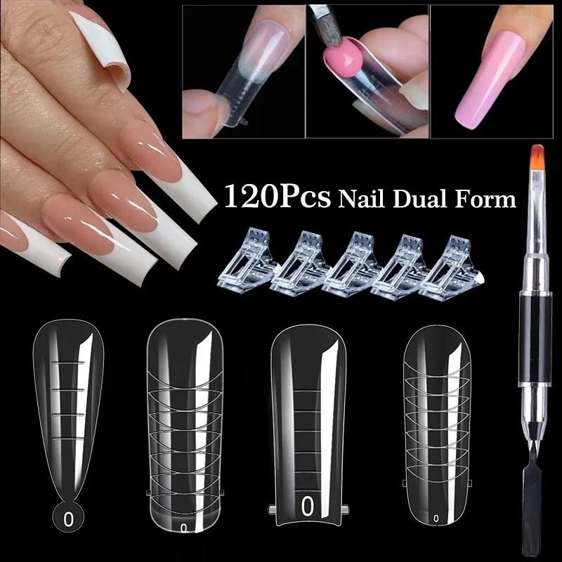 

60/120Pcs Clear Nail Dual Form Poly Extension Gel Molds Reusable Acrylic Nail Forms 12 Types False Tips with Scale Line