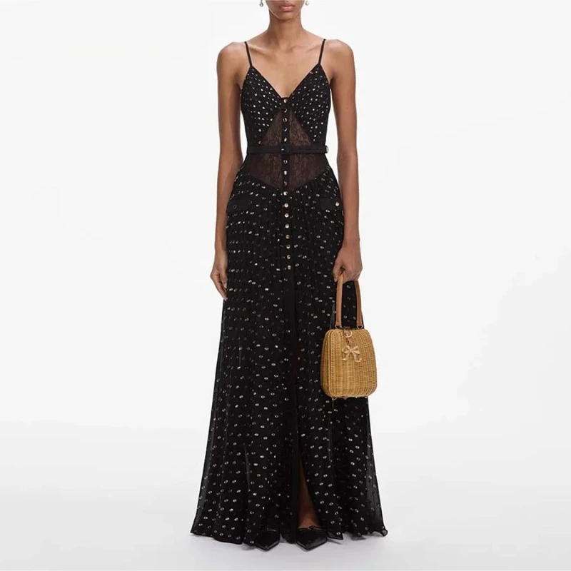 Solid Sheer Spliced Folds Fashion Dresses for Women V Neck Sleeveless Split Patchwork Button Long Dress Female New