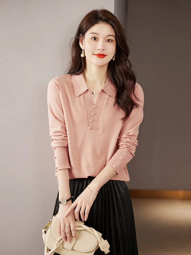 TuangBiang Spring Elegant 2023 Button Decorate Spliced Polo Collar Pullover Autumn Sweater Korean Women Fashion Knitted Pink Top