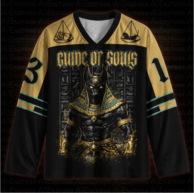 Vintage Anubis Graphic Long Sleeve Jersey Men Women Egyptian God Ankh Symbol Print V-neck Mesh Oversized Streetwear Shirt