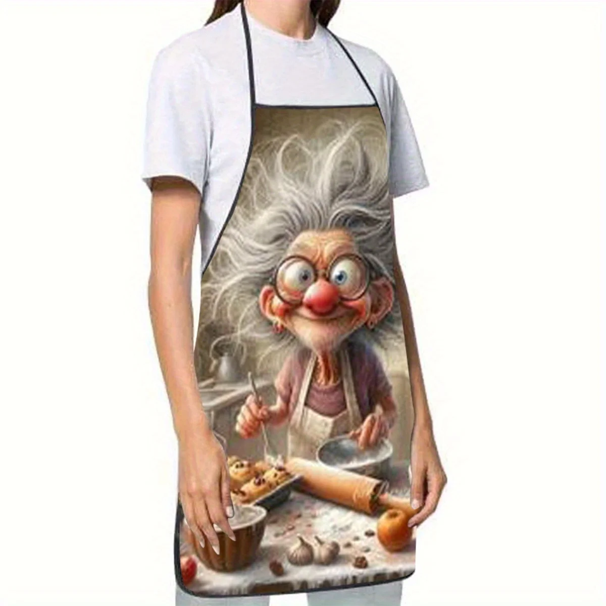 

1pc Whimsical Grandma Cooking Print Sleeveless Polyester Apron Colorful Kitchen Baking Apron with Adjustable Neck Strap