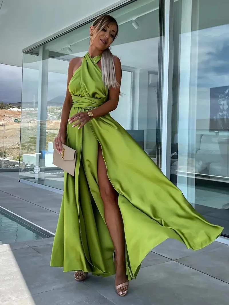 

Sexy Cross Backless Tie-up Bowknot Lady Party Dress Solid Deep V Sleeveless Long Dress Women Summer Elegant High Slit Maxi Dress