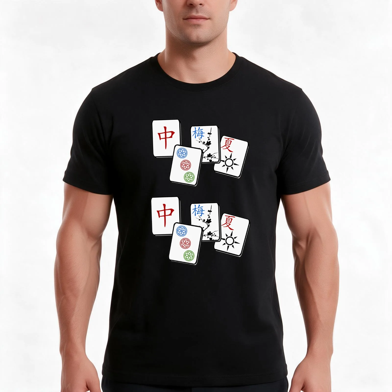 White Mahjong T-Shirt, Summer Casual Cotton Tee, Oversized Streetwear Tops, Vintage Graphic Print, Loose Fit Short Sleeve
