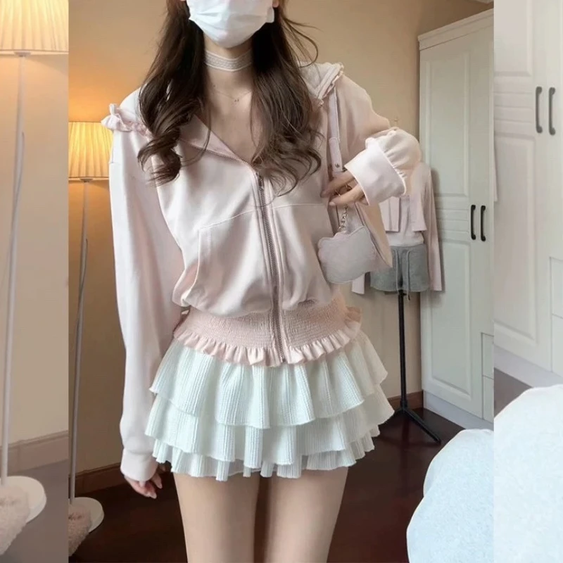 

Deeptown Sweet Pink Hoodies Woman Korean Style Hooded Zip Up Ruffles Sweatshirts Kawaii Japanese Harajuku Y2k Fashion Hoodies