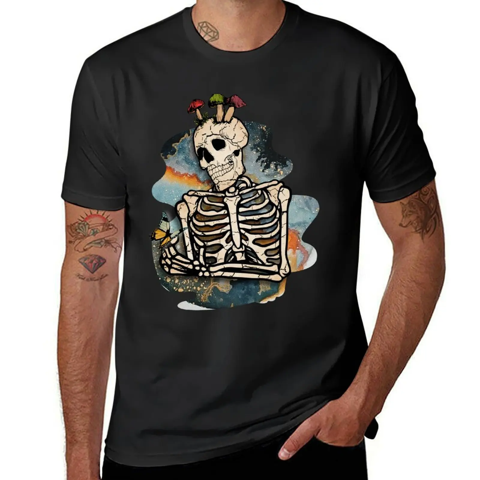 Universe Skeleton With Mushroom Head T-Shirt oversized funnys men clothing