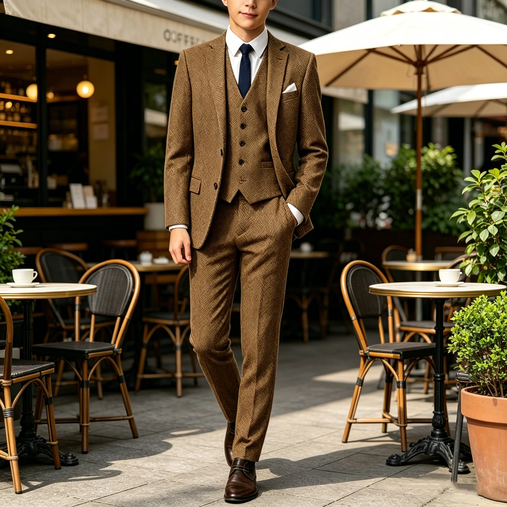 Men's Herringbone Tweed 3 Piece Suit Formal Business Slim Fit Set Blazer Vest Pants Vintage Tuxedo for Wedding Graduation Prom