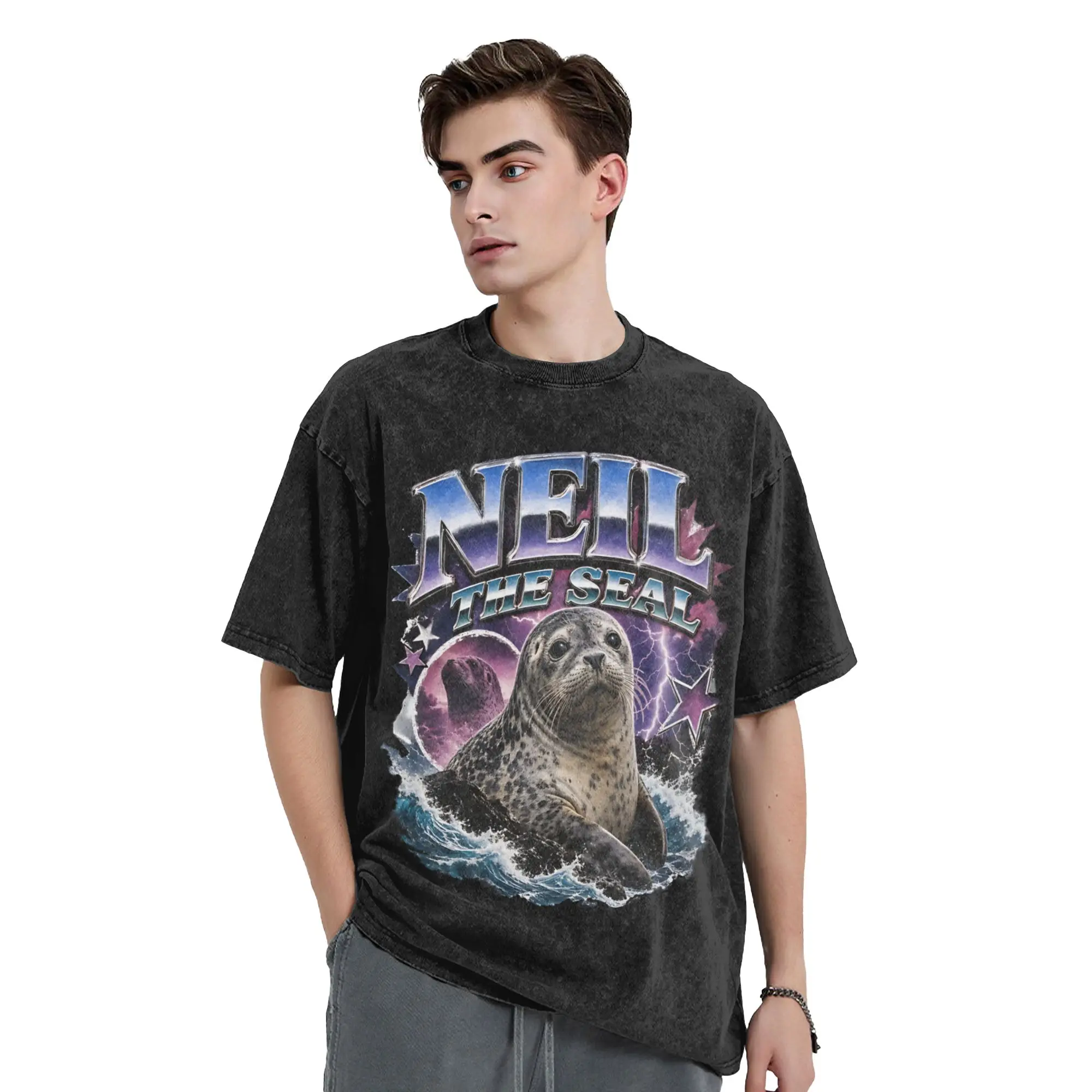 Washed T Shirts Neil the Seal Animal Hip Hop Vintage T-Shirt High Street  Streetwear 100% Cotton Summer Tops Tees for Men Women