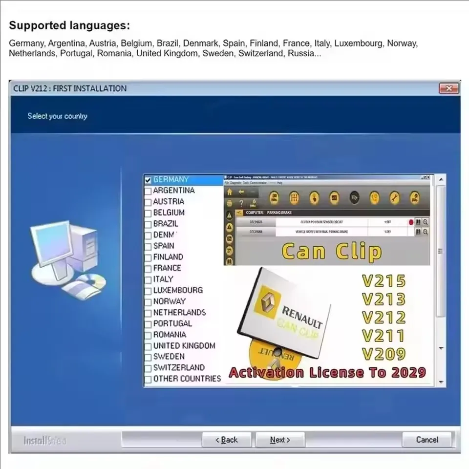

SW V215/V212/V220/V209 ÚLTIMO para Renault Can Clip herramienta de diagnóstico + Reprog V191 + Extractor de pines + Dialogys V4.