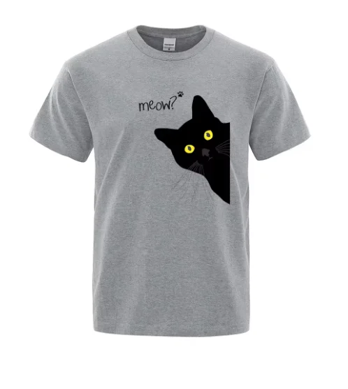 ¡Miau! Divertida camiseta infantil con estampado de gato negro para niños y niñas. Top transpirable, ropa de calle de verano, manga corta holgada.