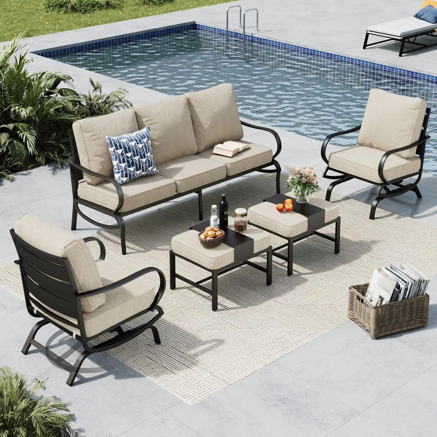 

5pc Patio Set Metal Frame Outdoor Sofa 3-Seat Rocker Ottoman Beige Cushion Patio Courtyard Balcony, Customized