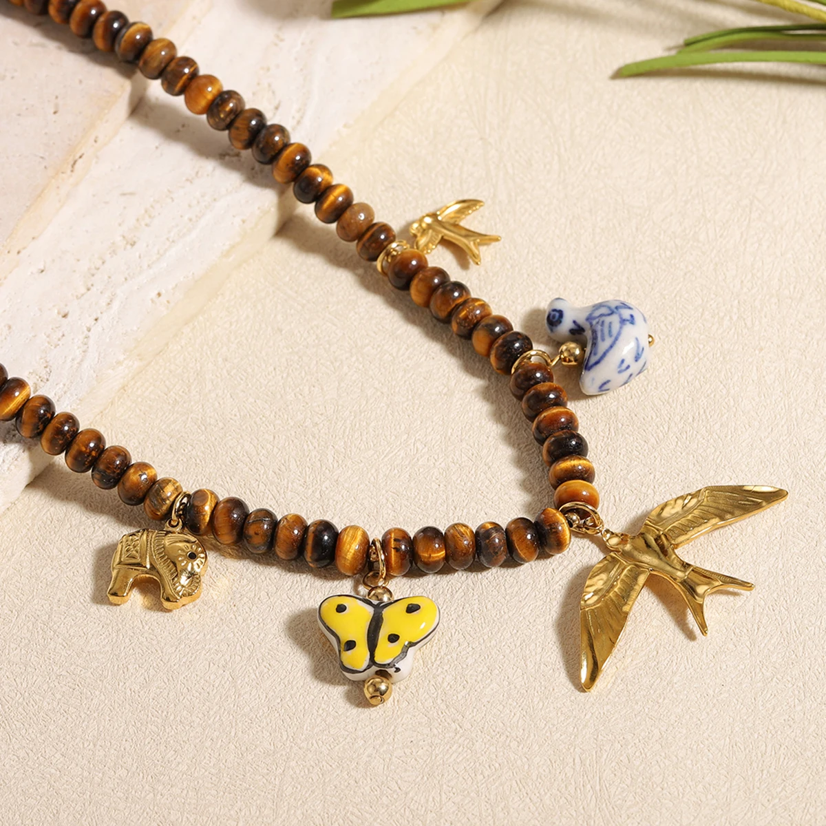 Vintage Multi Animal Charm Tiger Eye Bead Necklace Hand Painted Ceramic Butterfly Blue Porcelain Bird Pendant Gift view 6