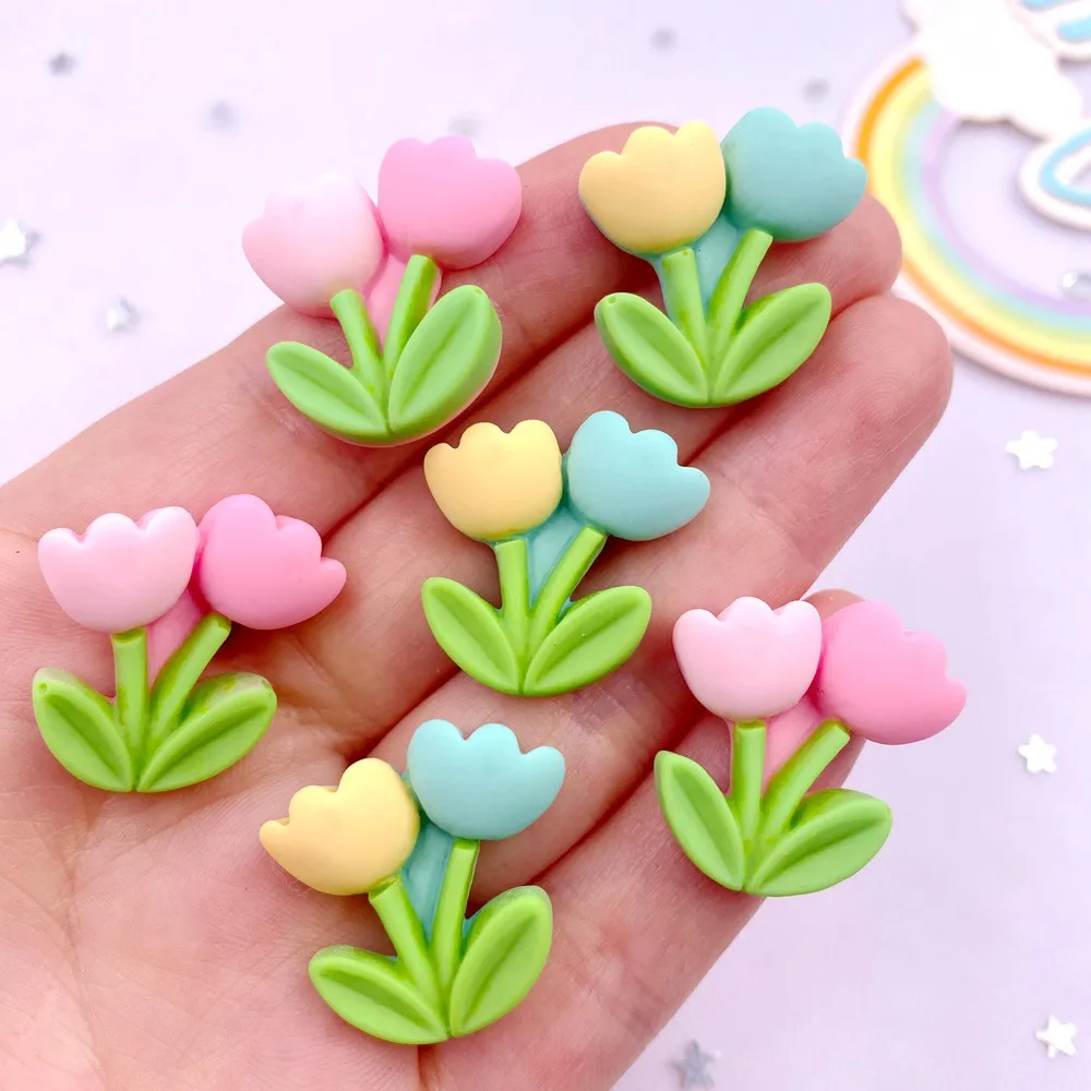 Painted Resin Kawaii Colorful A Bunch of Tulips Flatback Stone  Scrapbook Figurines 10PCS DIY Bow Decor Accessories Crafts OM404