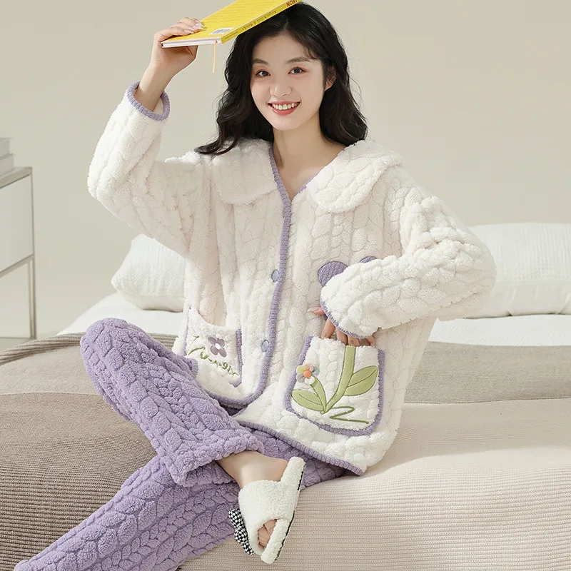 

Женский пижамный комплект, фланелевая флисовая подкладка, большие размеры, зимняя толстая коралловая красочная милая одежда для сна, свободная одежда для дома, домашняя одежда