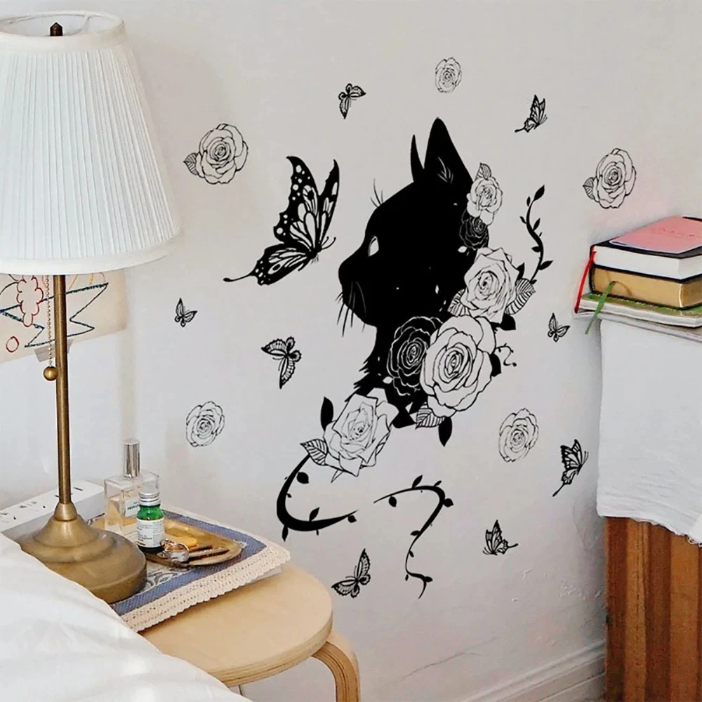 

Cute Black Cat Rose Flower Butterfly Wall Sticker Living-room Kids Room Bedroom Background Wallpaper Home Decor Decal Poster