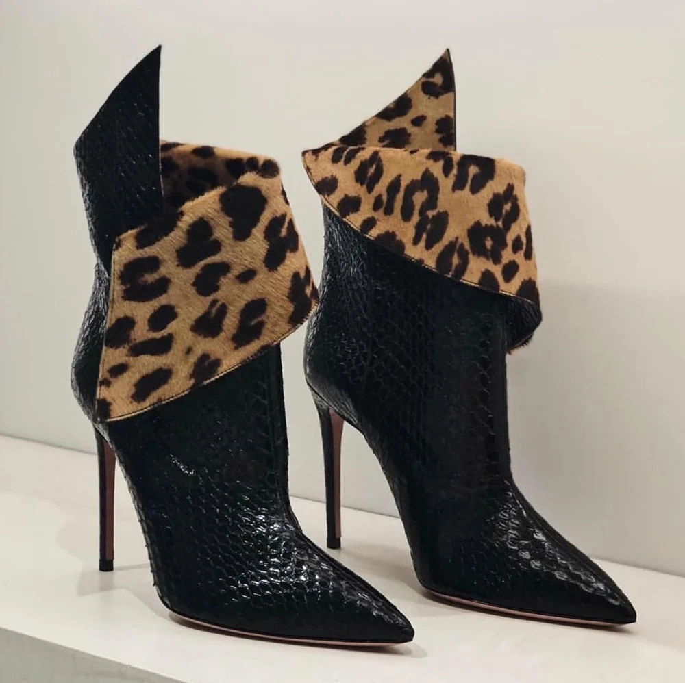 

Black Snake-Print Stiletto Heel Ankle Boots Leopard Fur Cuff Detail Pointed Toe Animal-Print Mix Design Cool Urban Street Style
