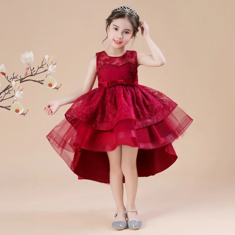 

Lace 3-14 Yrs Girls Dress Summer High quality Lace Sleeveless Trailing Princess Dress For Girls Wedding Birthday Party Clothes