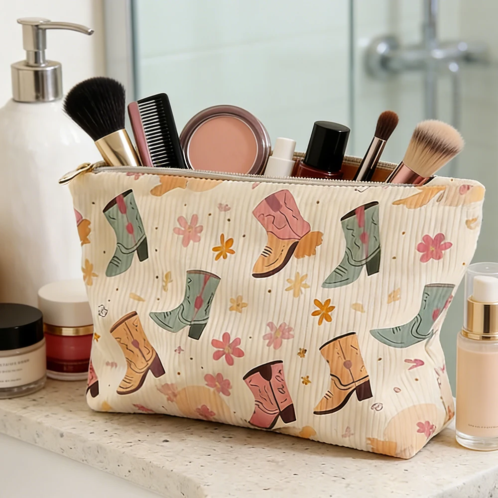 

Trendy Corduroy Cute Boot Floral Print Cosmetic Organizer Pouch Girls Handbag Makeup Storage Bag with Gold Zipper