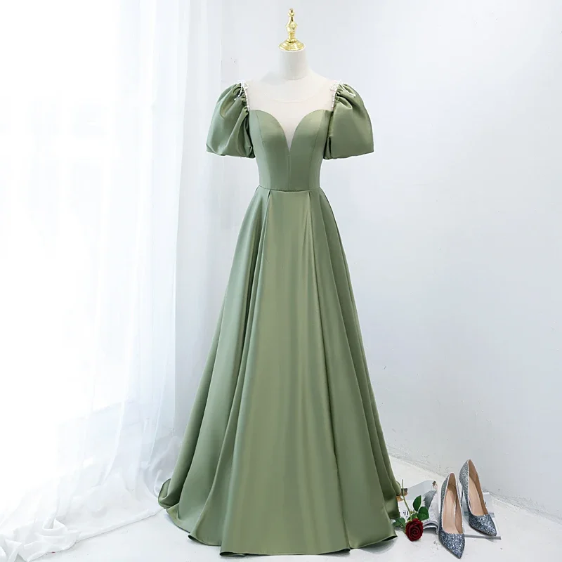 

Customized Evening Dress Green Satin Beads Deep V-Neck Short Sleeves Floor-Length A-Line Plus size Woman Party Formal Gown B1466