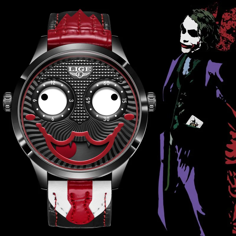 LIGE Creative Joker Men Watch Funny Tie Leather Strap Quartz Man Wristwatch Moon Phase Watch Men Personality Clown Face Clock