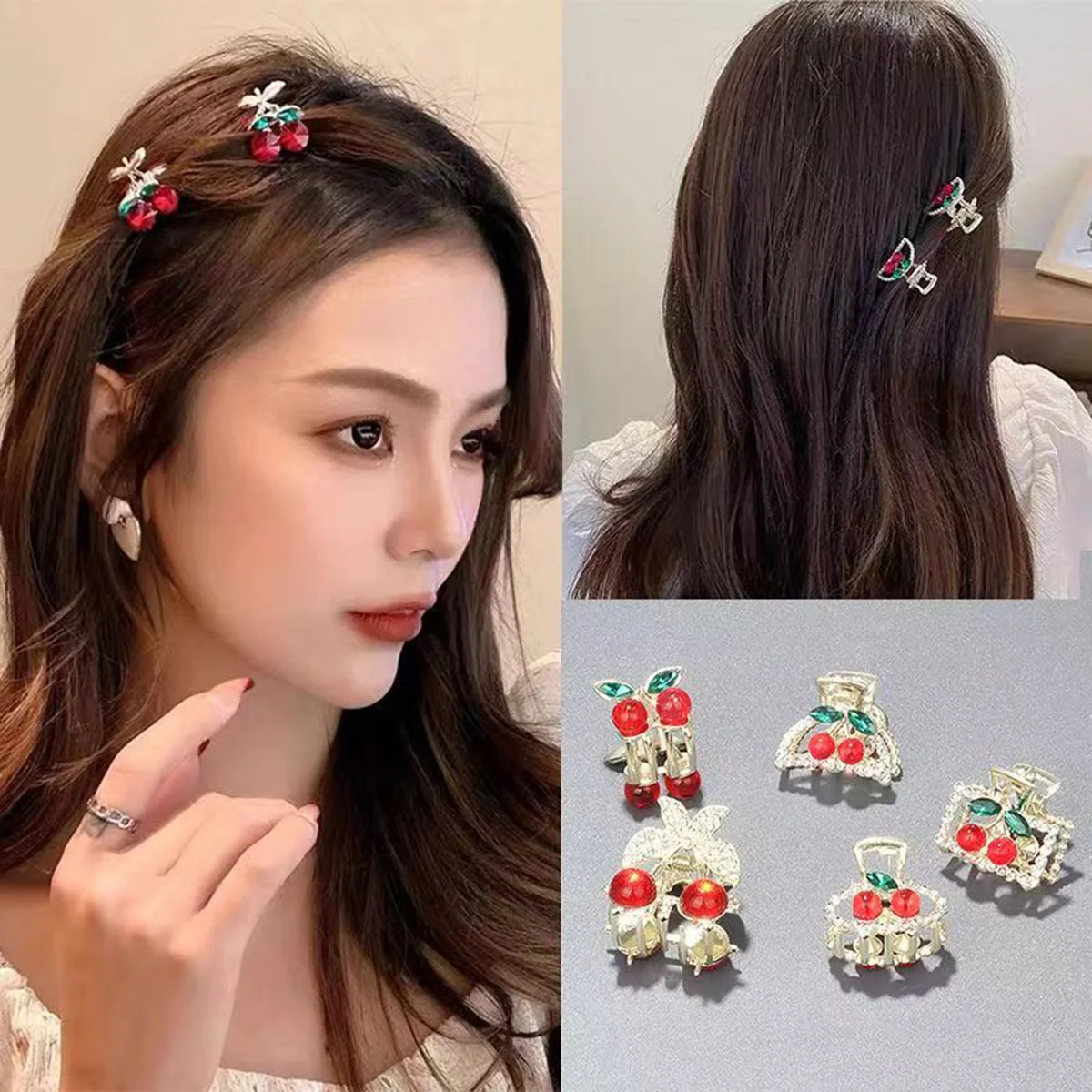 2/5 PCS Mini Cherry Hair Claws Sexy Valentine's Day Romantic Grab Clip Rhinestone Hairpin Metal Female Hair Accessories Headpins