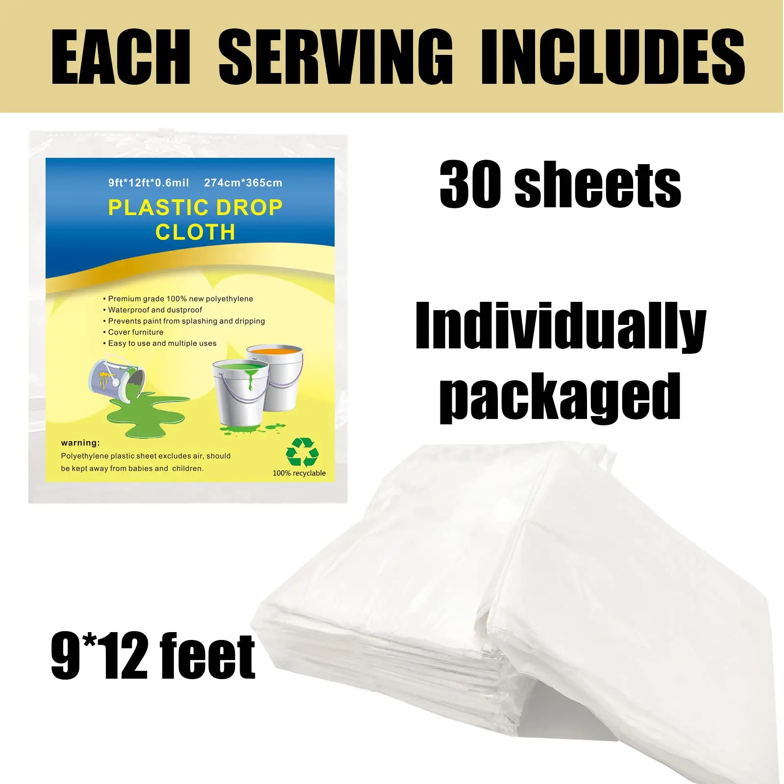 30 Pieces Plastic Drop Sheets for Painting, Waterproof and Dust-Proof Clear Cloth for Furniture Cover, 9x12 Feet Tarps