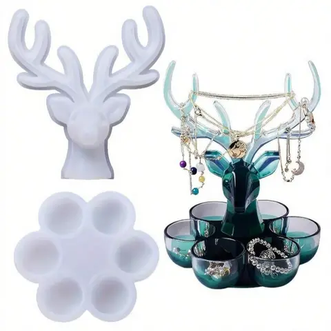 2Pcs Deer Storage Box Silicone Mold Set Deer Jewelry Display Tray Resin Mold Kit Candle Holder DIY Casting Craft Christmas Gift