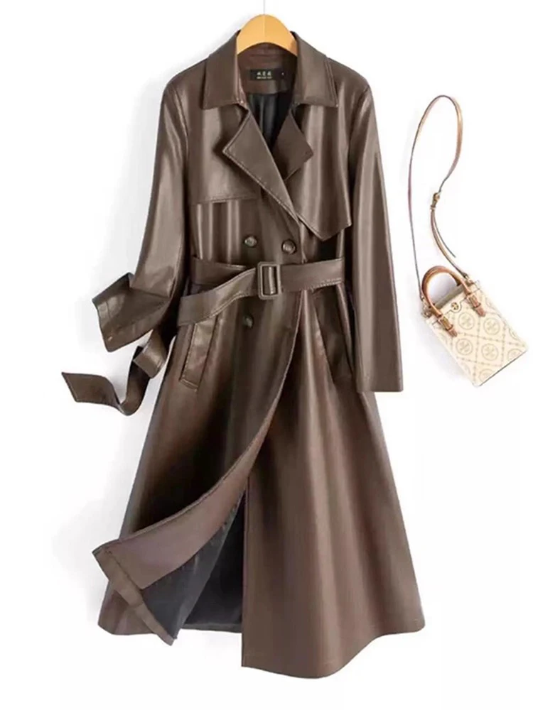 جديد نساء ربيع خريف جلد مقسم معطف موضة ياقة مطوية صدر مزدوج معطف جلدي أنيق معطف نسائي طويل