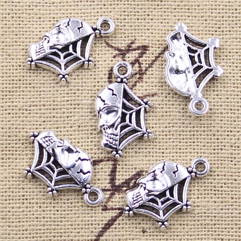 20pcs Charms Halloween Skull Skeleton Spider Cobweb 19x12mm Antique Silver Color Pendants Making DIY Handmade Tibetan Finding